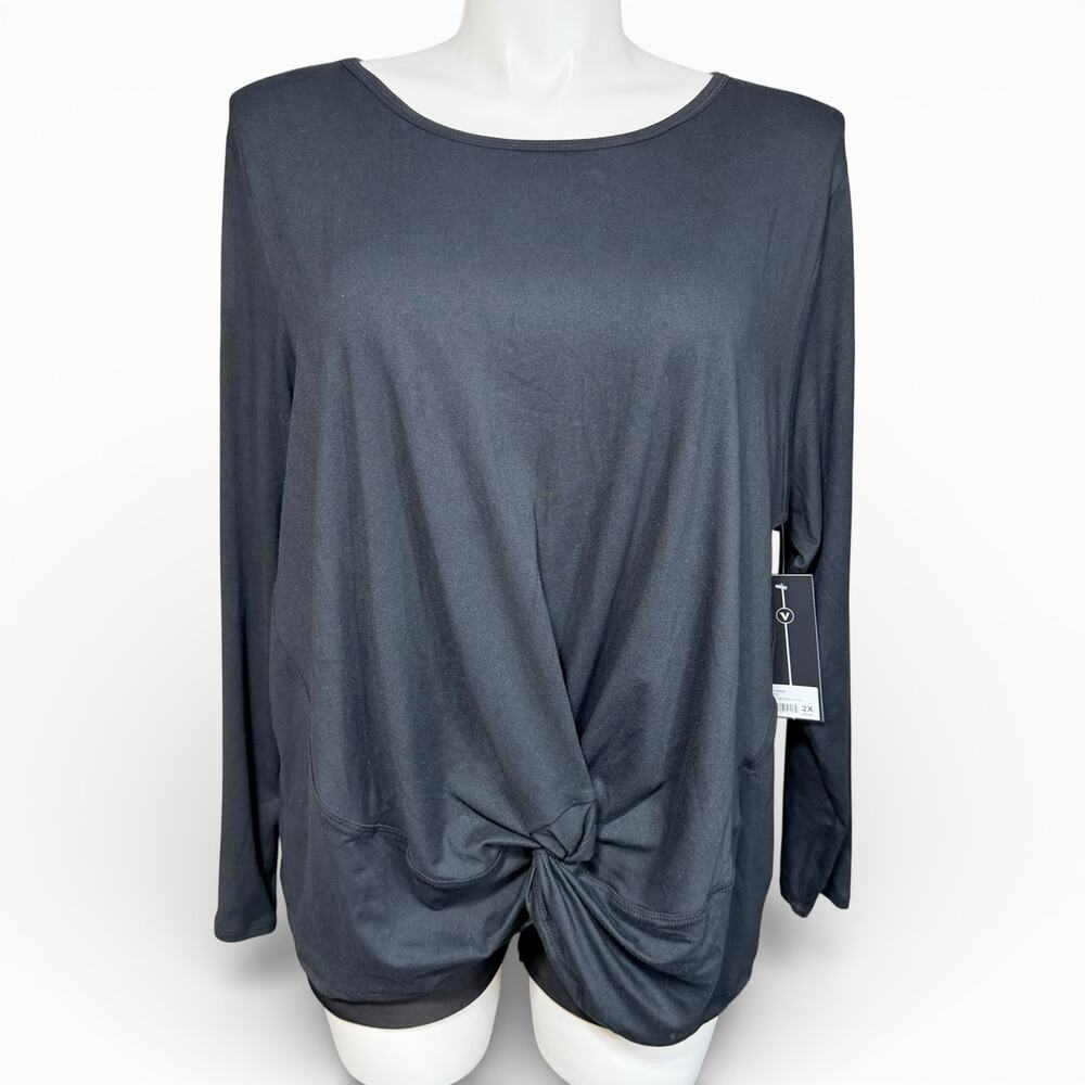 Velocity Womens T Shirt Top Twist Hem Long Sleeve Pullover Athletic Black 2X